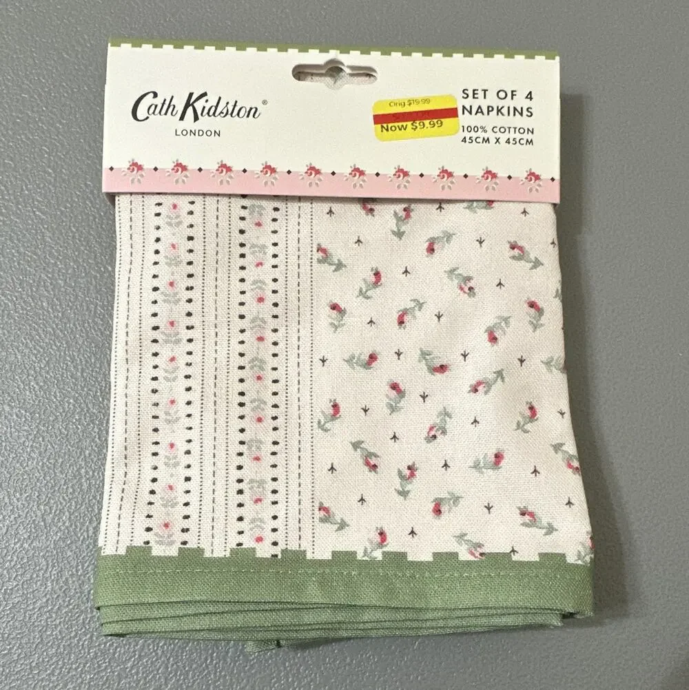 Cath Kidston London 4-Pack 100% Cotton 45cm Square Napkins Floral Birds AP1042